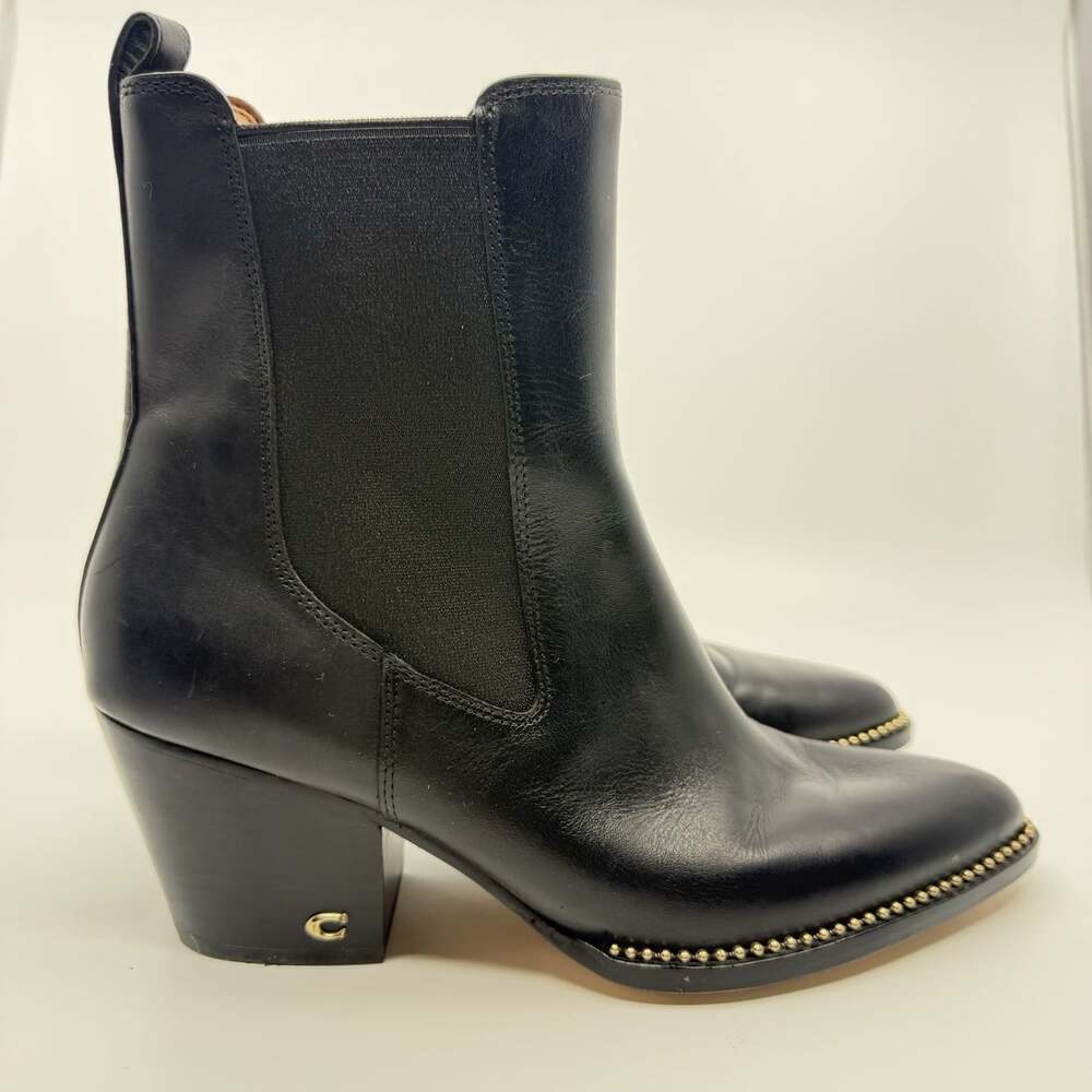 Coach Pierce Ankle Boots Womens 9 Black Leather Gold Bead Trim Pointed Toe